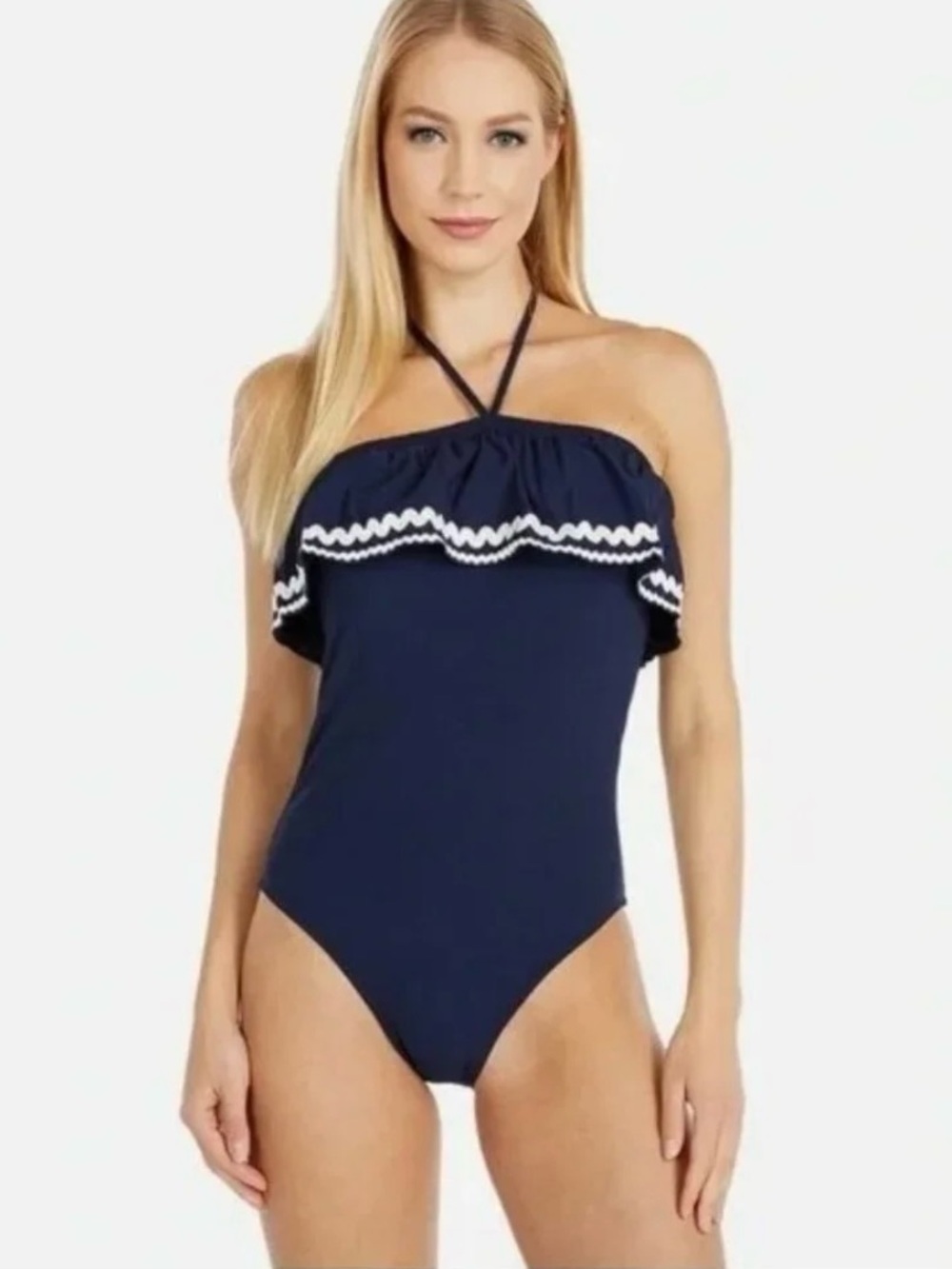 J. Crew Navy One-Shoulder Ruffle One-Piece Swimsuit with White Trim